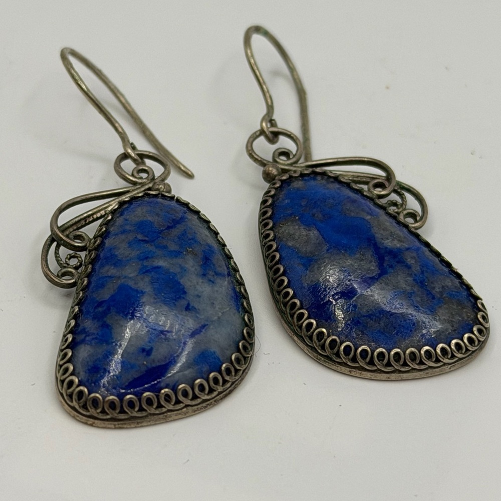 Vintage Russian Lapis Lazuli Melchior Metal Earrings